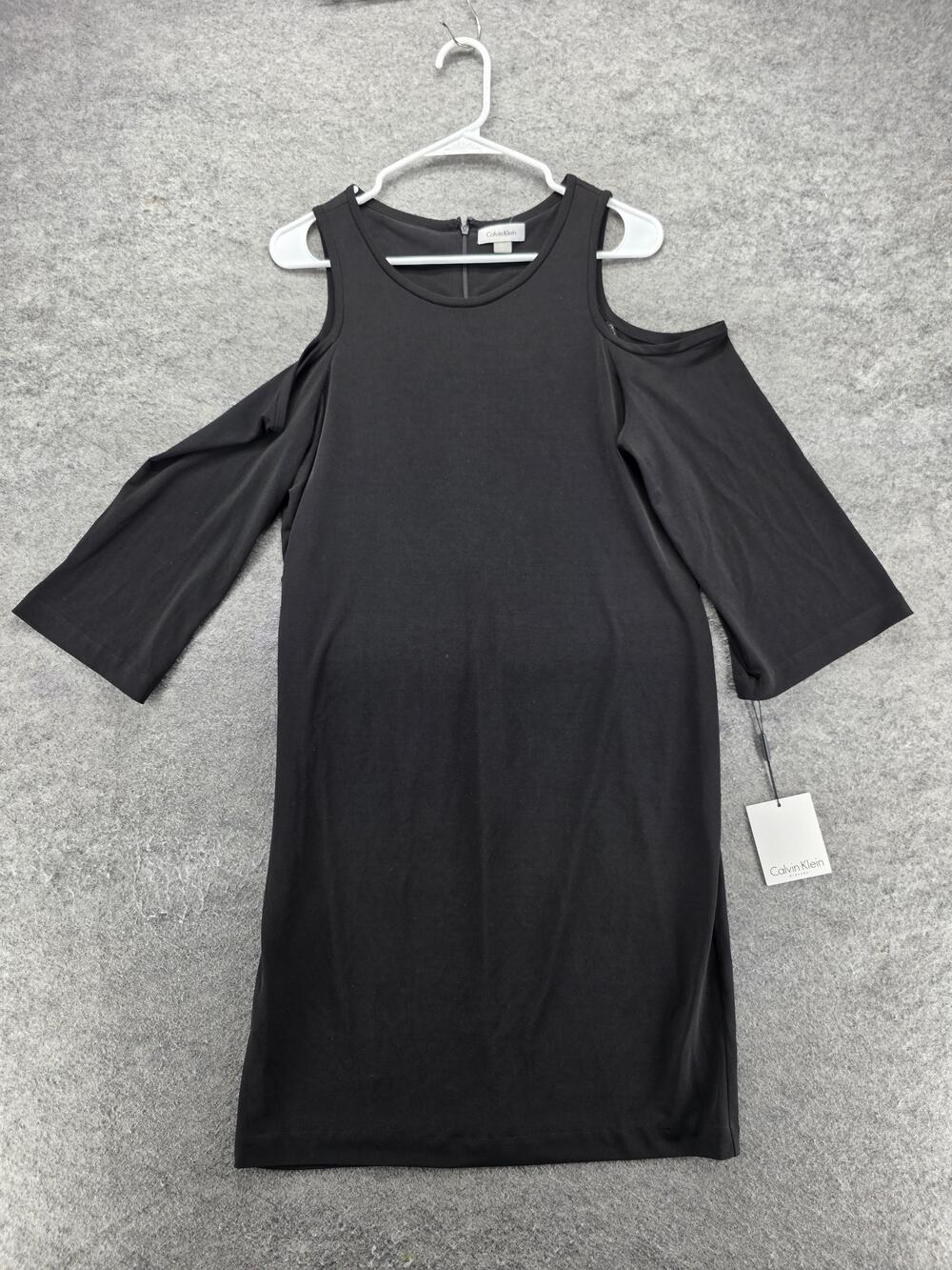 Calvin Klein Dress Womens 10 Black Sheath Knee Length Cold Shoulder Zip Stretch